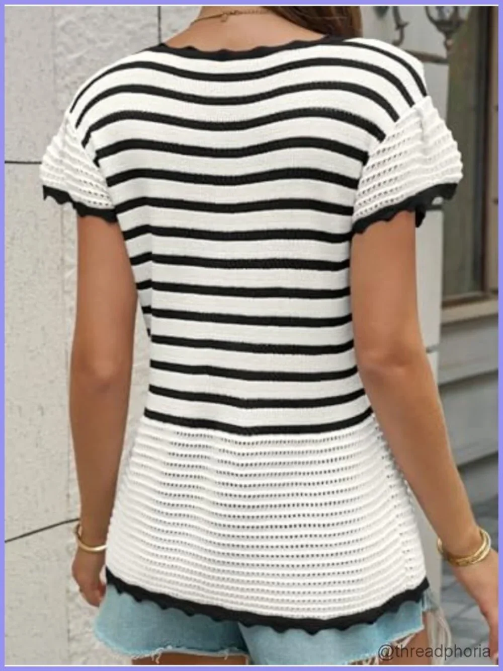 Womens Ruffle Cap Sleeve Sweater Tops Crochet Knit Striped Crew Neck Summer